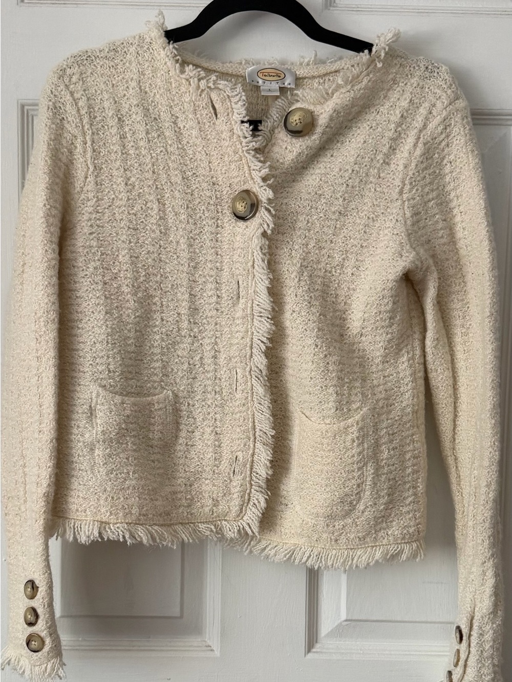 Talbots Boucle Cardigan Jacket LP Cream Fringe Textured Knit Quiet Luxury
